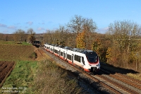 Alpenhamster und letztes Herbstlaub  Unerwartet schön gestaltete sich das Wetter am 18. November 2025. Wäre es weniger überraschend gewesen, hätte ich vielleicht Urlaub eingereicht, aber so blieb lediglich die Möglichkeit einer verlängerten Mittagspause in der Sonne. Immerhin! Im Wissen, dass die Talent 3 im ETCS-Ersatzverkehr für Arverio baustellenbedingt sehr berechenbar fotografiert werden können, fuhr ich nach Lauffen. Dort angekommen, entschied ich mich spontan für eine andere Fotostelle als vorgesehen, da an der Senke noch eine Hand voll buntes Laub auszumachen war.  6442 406  passierte dieses als DPN 21973 Heilbronn Hbf - Stuttgart Hbf.  Aufnahme vom Hochstativ.